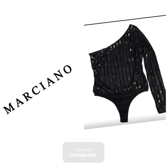 ‼️WOW‼️🖤🖤MARCIANO🖤Los Angeles black sequin one shoulder bodysuit NWOT size S - Picture 4 of 13